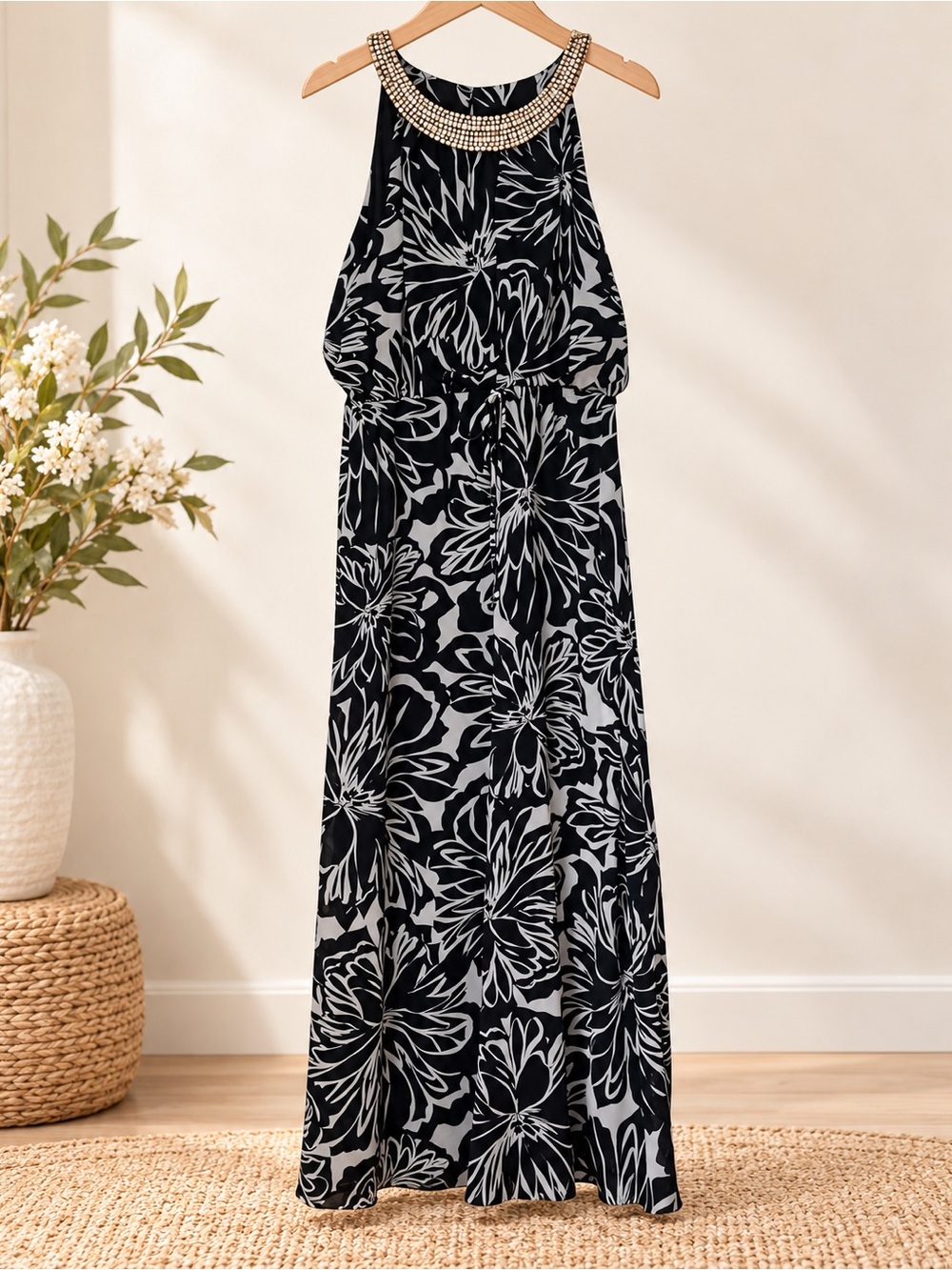Vince Camuto Floral Navy Halter Beaded Neck Flowy Maxi Tropical Summer Dress 12